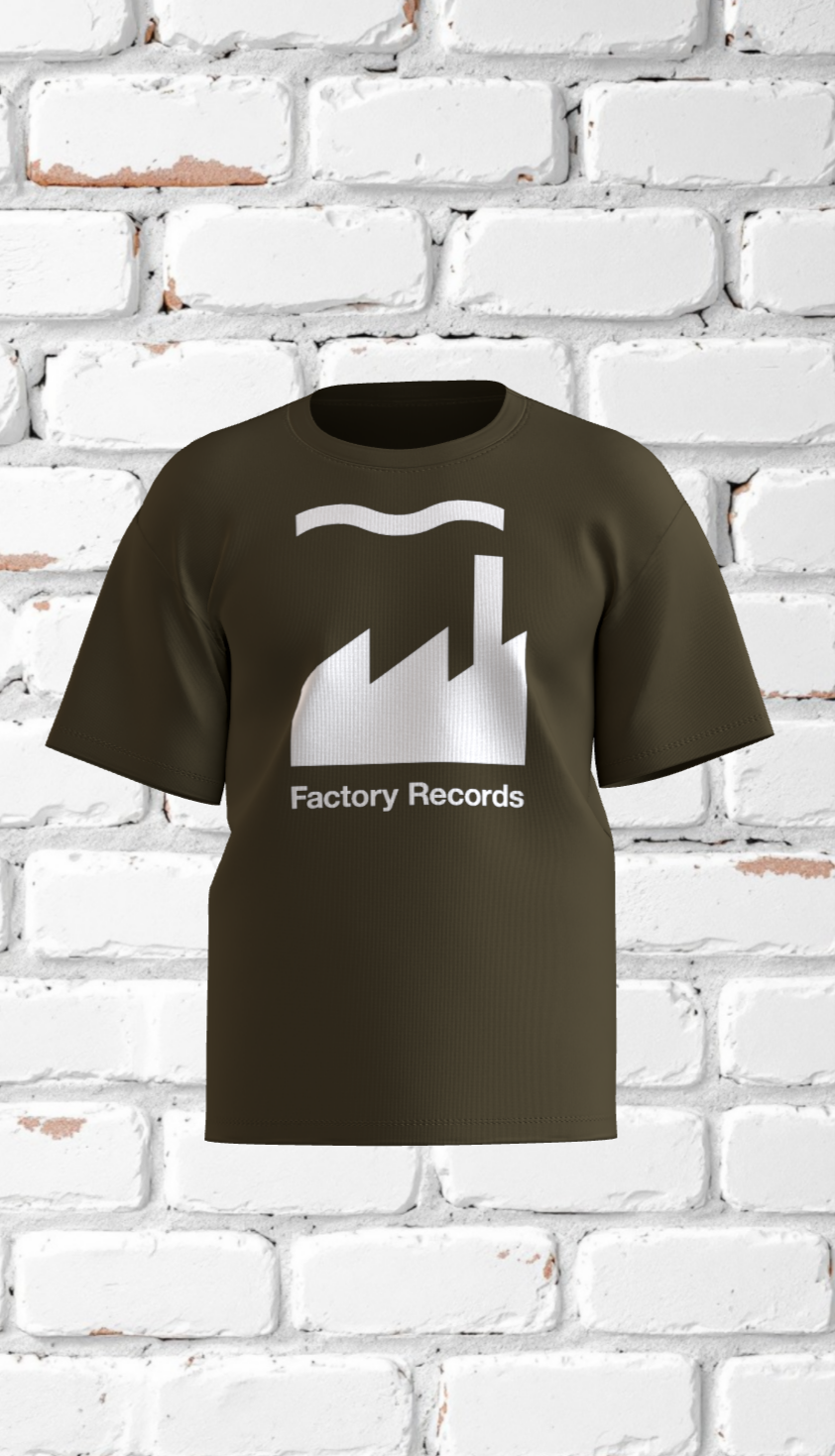 Army Marle T-shirt with white Factory Records logo in bold minimalist style