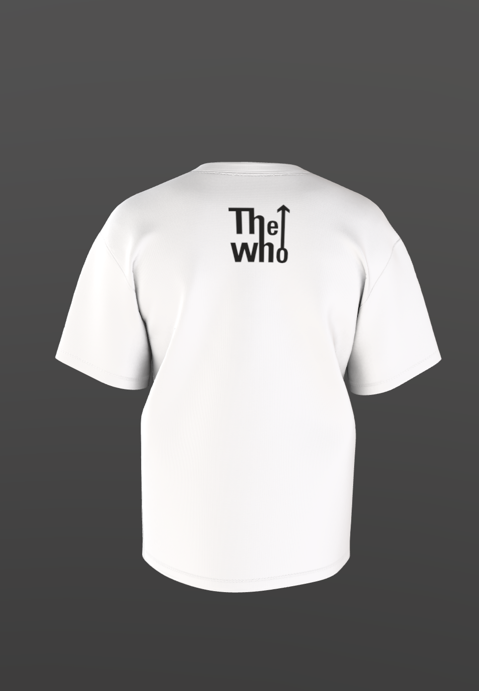 White t-shirt with minimalist black The Who logo with upward arrow on upper back