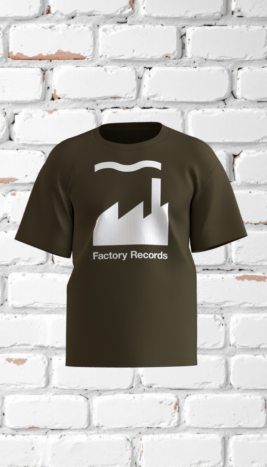 Army Marle T-shirt with white Factory Records logo in bold minimalist style