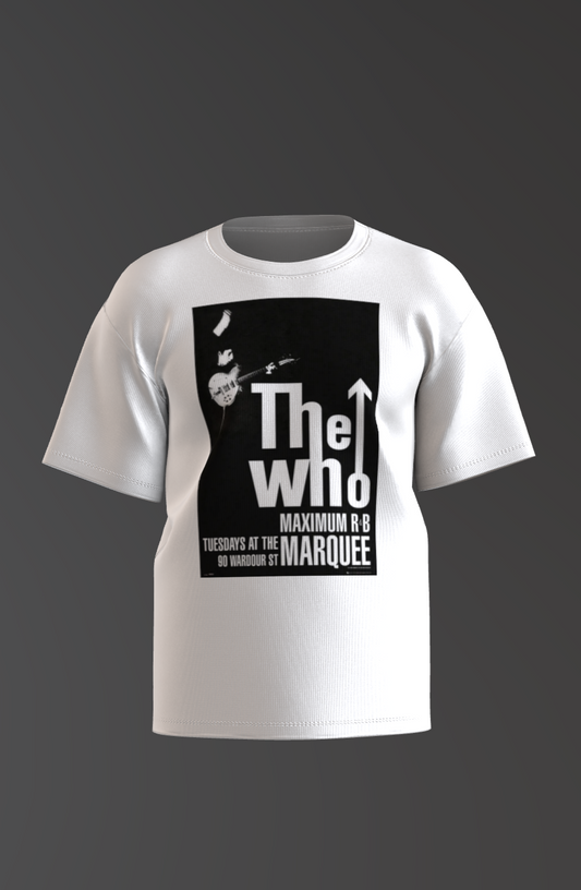 White t-shirt featuring The Who Marquee Club Maximum R&B black-and-white poster design on front