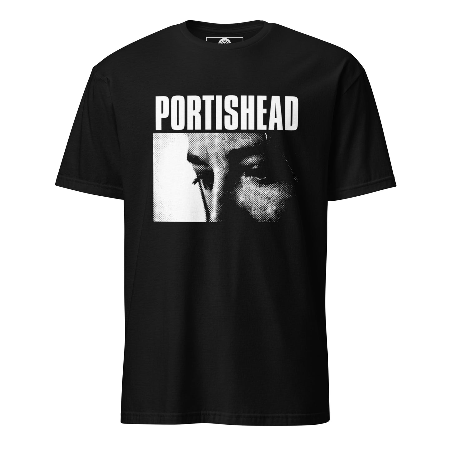 Black T-shirt featuring a Portishead inspired black-and-white halftone portrait graphic with large Portishead text across the top